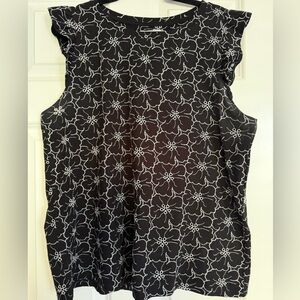 LOFT Black and White Floral Eyelet Blouse